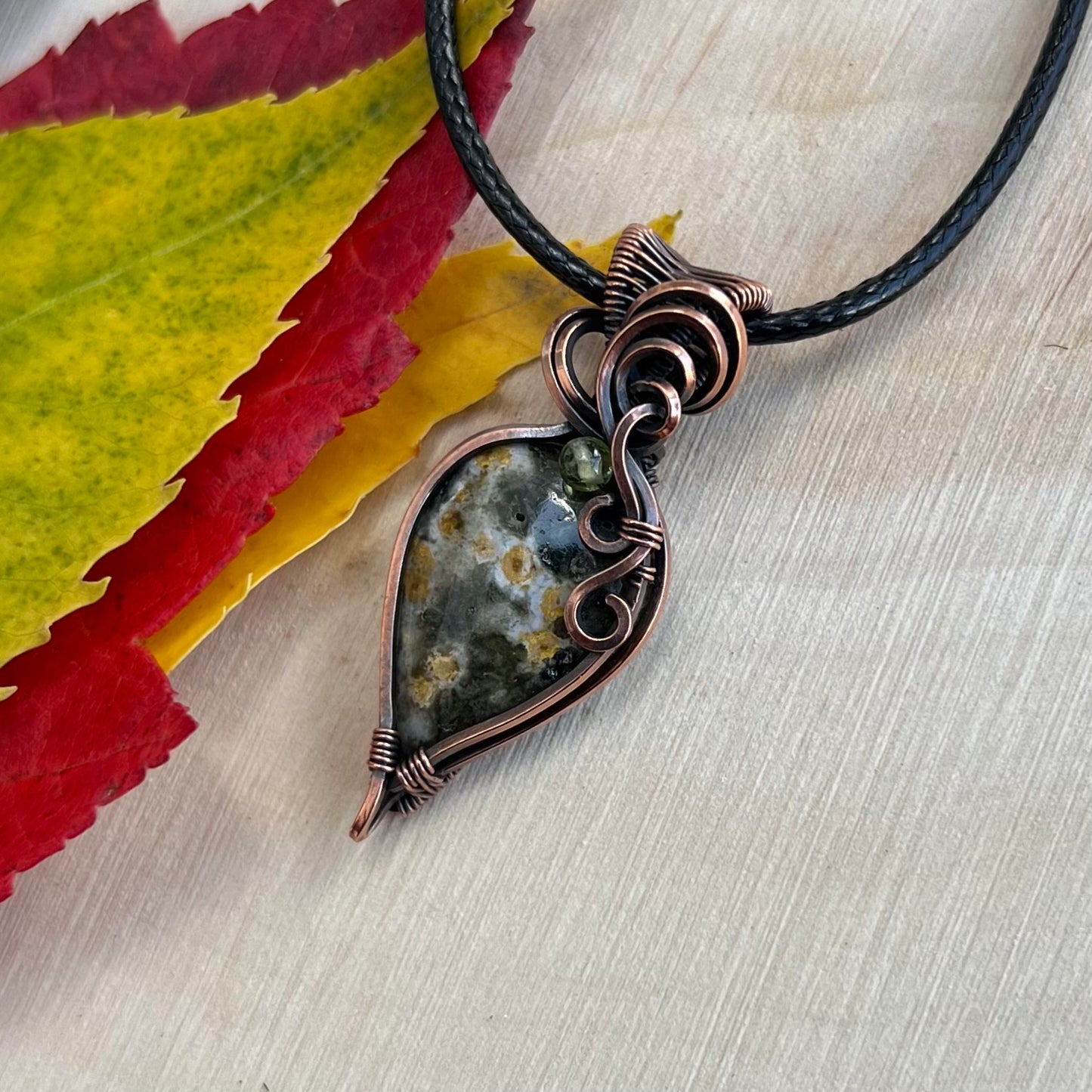 Ocean Jasper with Peridot Pendant in Copper