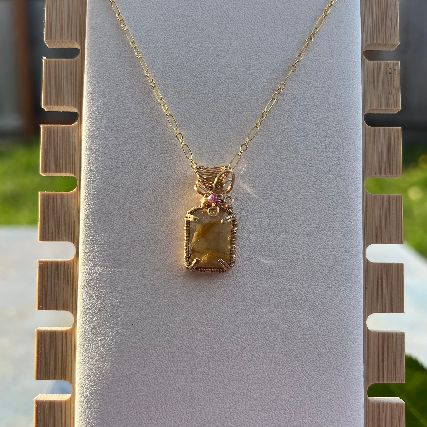 Golden Rutilated Quartz with Ruby in 14k Gold Filled Wire