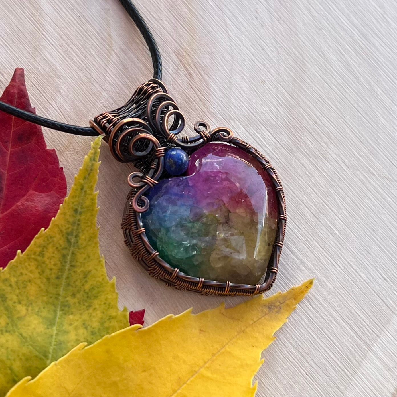 Quartz Heart with Lapis Lazuli Pendant in Copper