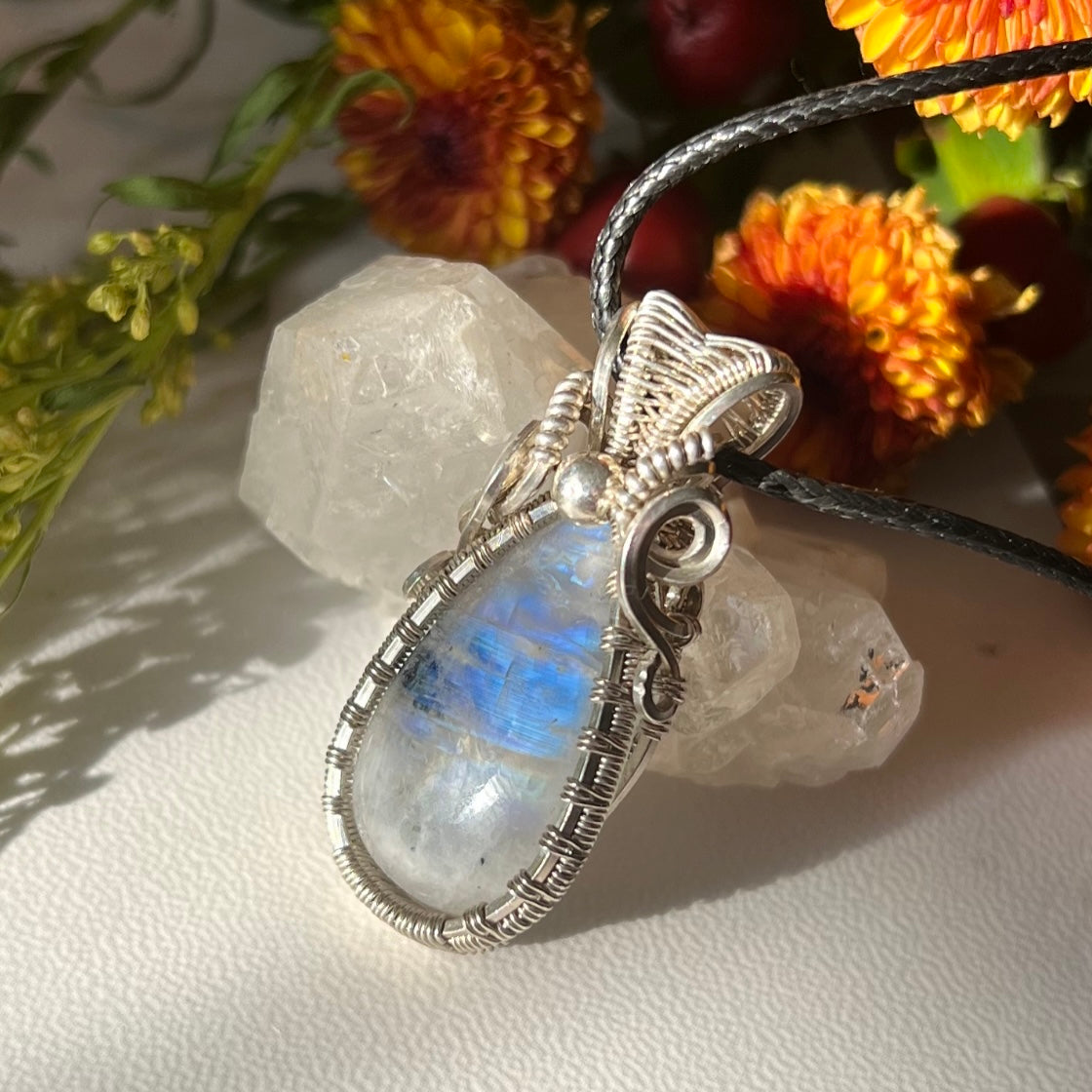 Rainbow Moonstone with Tourmaline Pendant in Argentium Silver hi