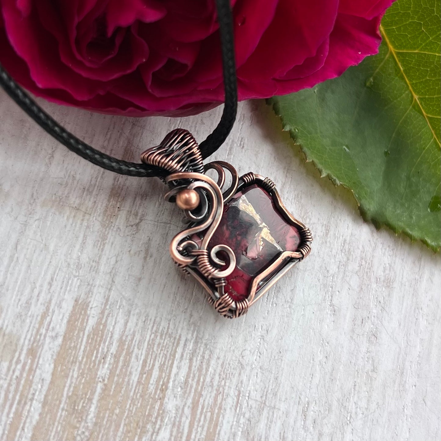 Red Rose Dahlia Pendant in antiqued Copper Wire