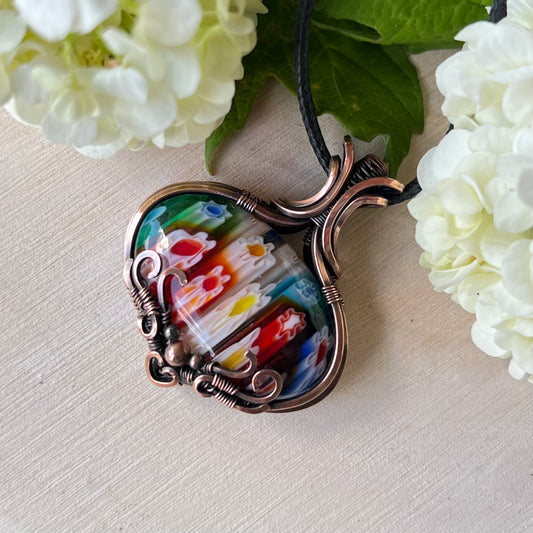 Millefiori Glass Pendant in antiqued Copper Wire