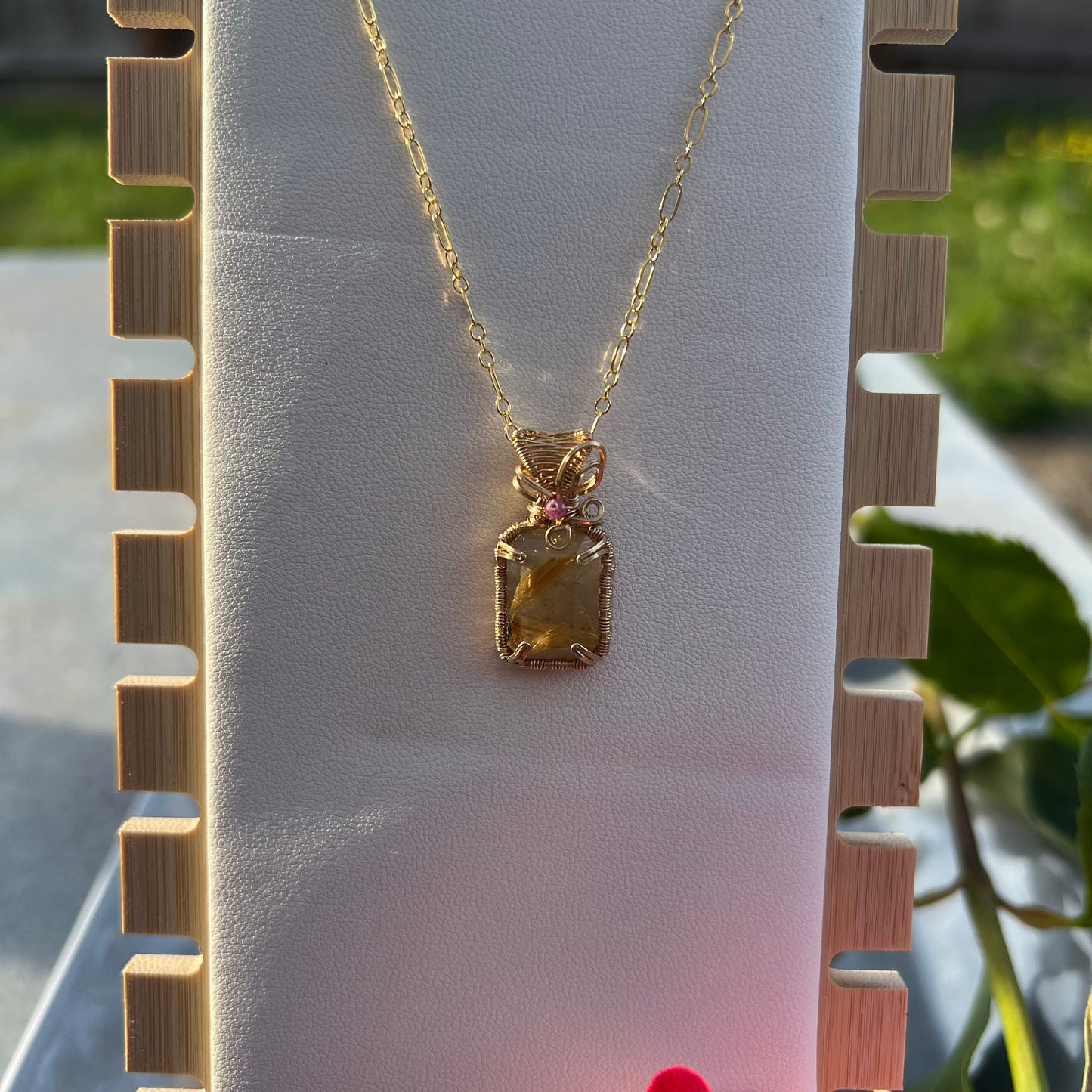 Golden Rutilated Quartz with Ruby in 14k Gold Filled Wire