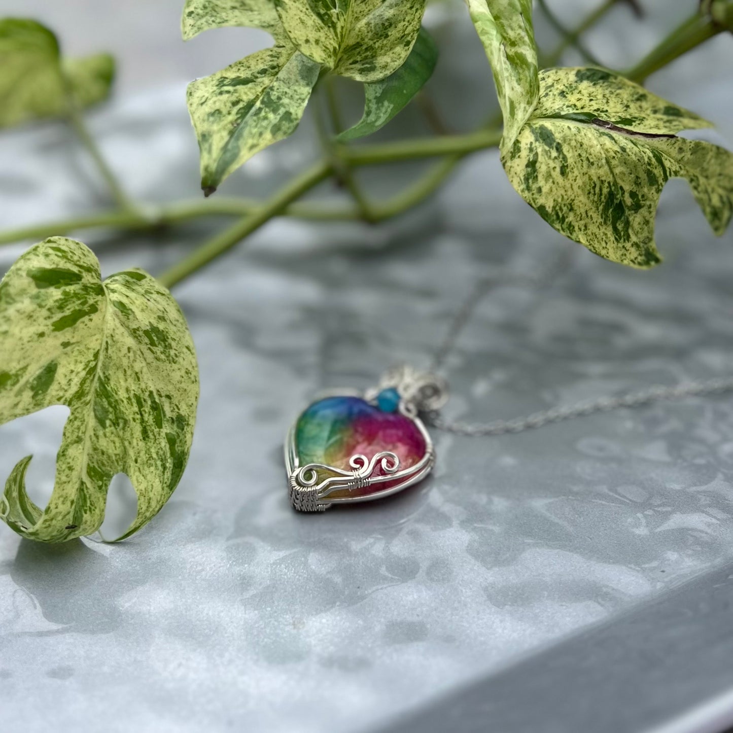 Rainbow Enhanced Quartz Heart Pendant in Argentium Silver
