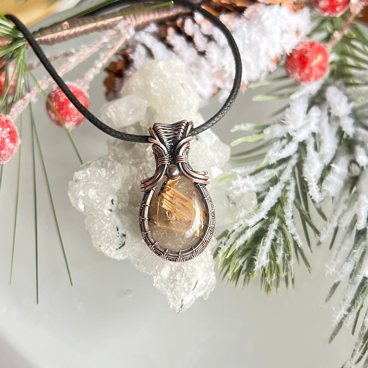 Golden Rutilated Quartz Pendant in Oxidized Copper