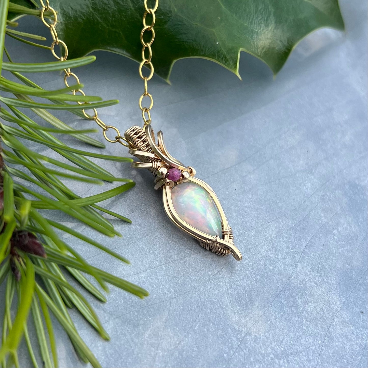 Ethiopian Opal with Ruby in Gold-Filled Wire Pendant