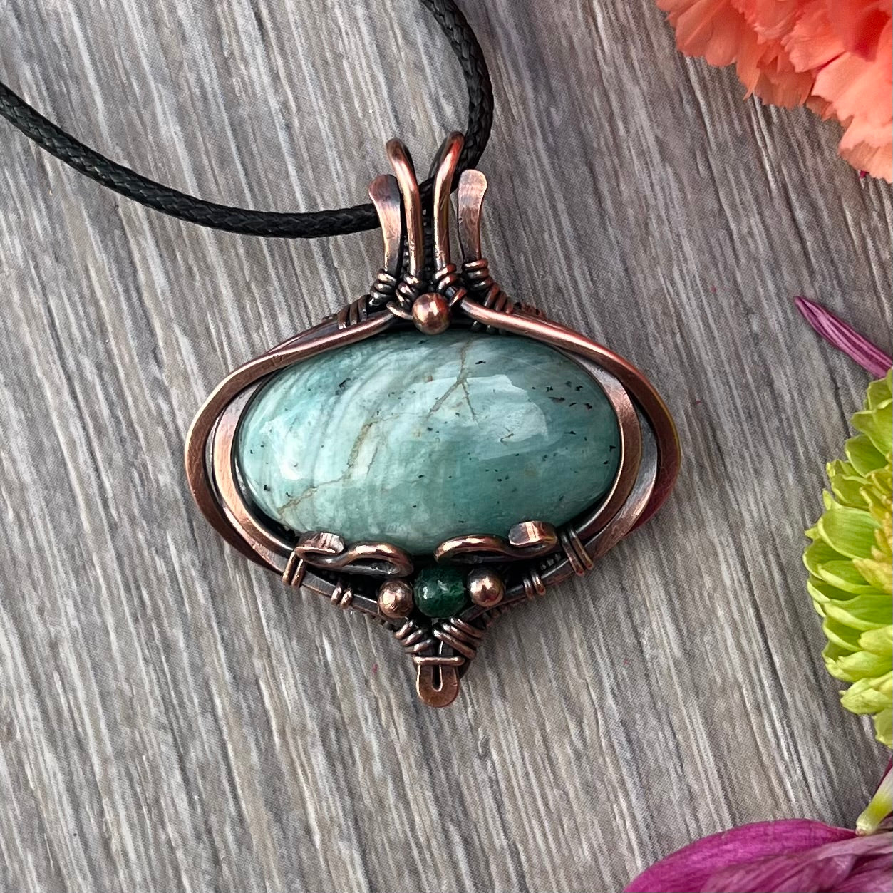 Amazonite with Green Aventurine Pendant in Copper