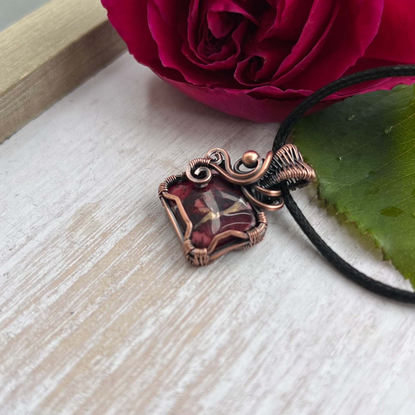 Red Rose Dahlia Pendant in antiqued Copper Wire