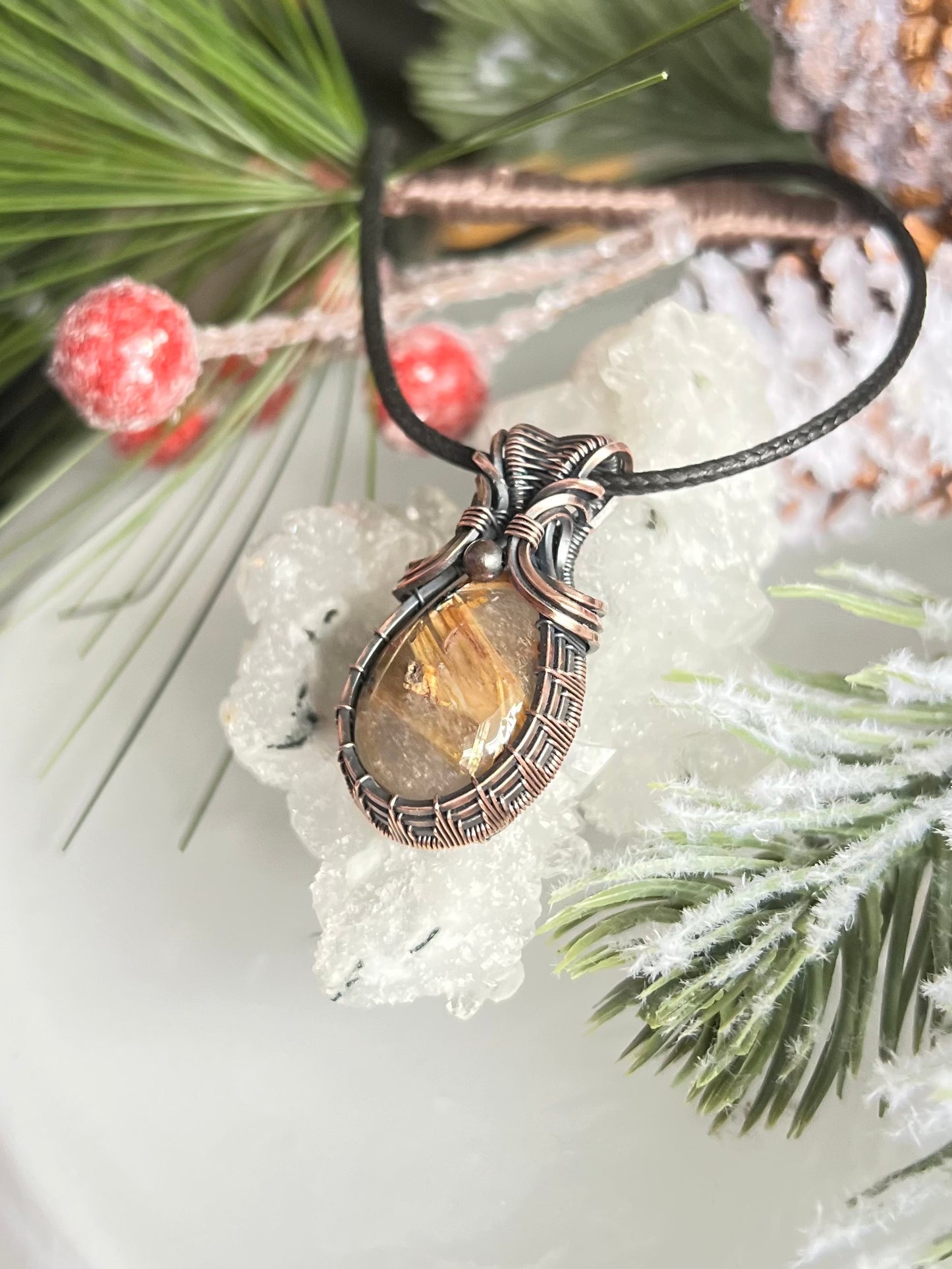 Golden Rutilated Quartz Pendant in Oxidized Copper