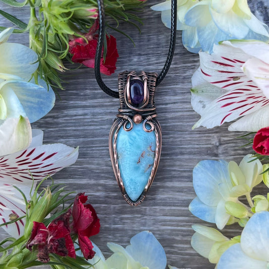 Larimar with Amethyst Pendant in Antiqued Copper