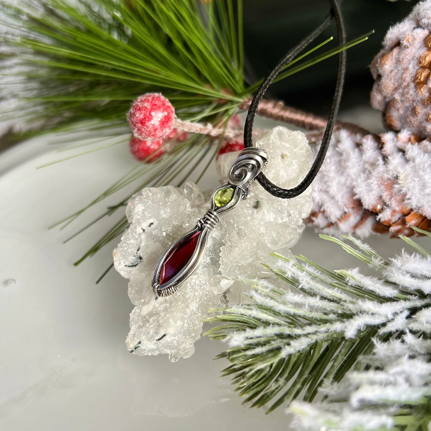 Garnet with Peridot Pendant in Argentium Silver