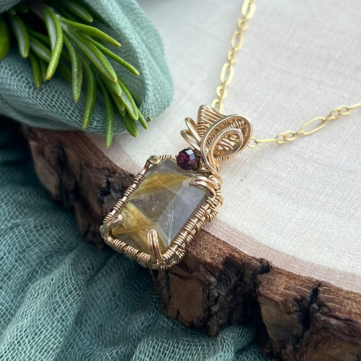 Golden Rutilated Quartz & Garnet Pendant|14k Gold-Filled