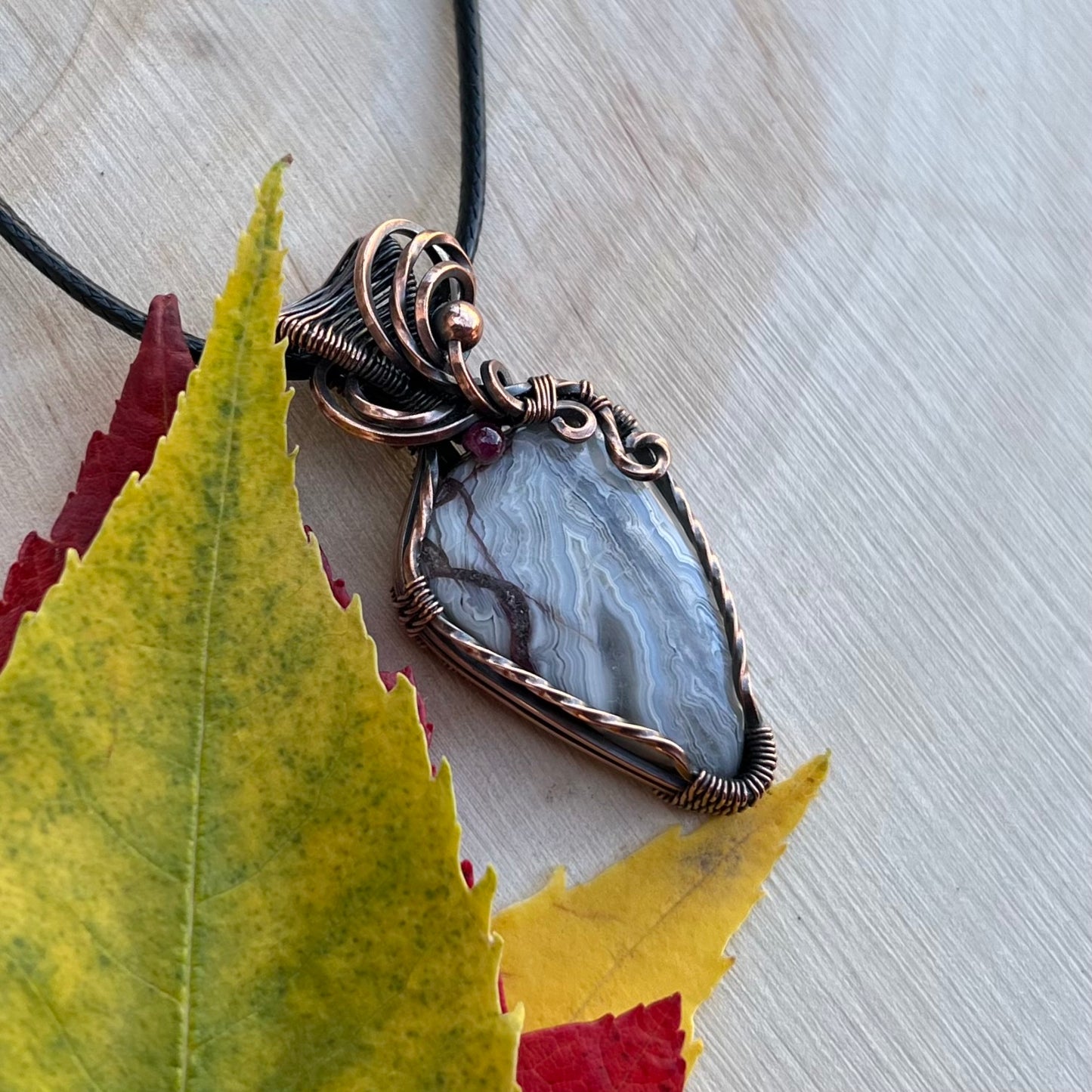 Laguna Lace Agate with Garnet Pendant in Copper