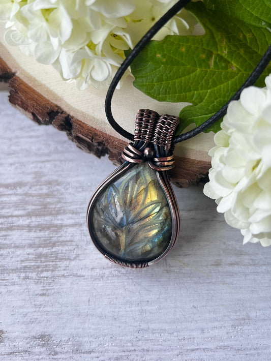 Carved Labradorite Pendant in antiqued Copper Wire