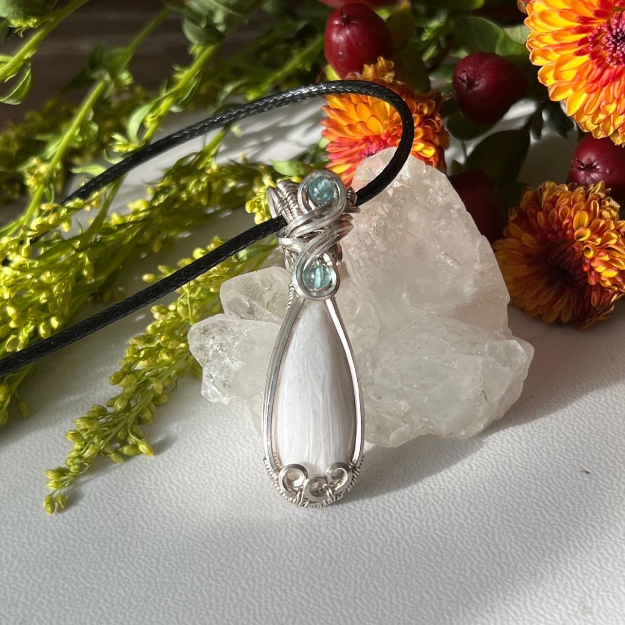 Scolecite with Sky Apatite Pendant in Argentium Silver