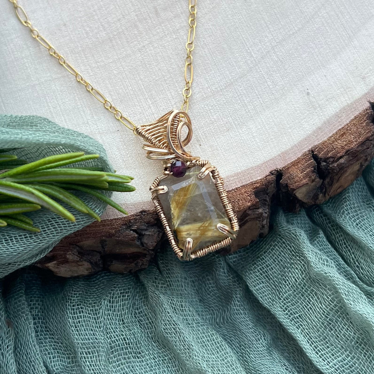 Golden Rutilated Quartz & Garnet Pendant|14k Gold-Filled