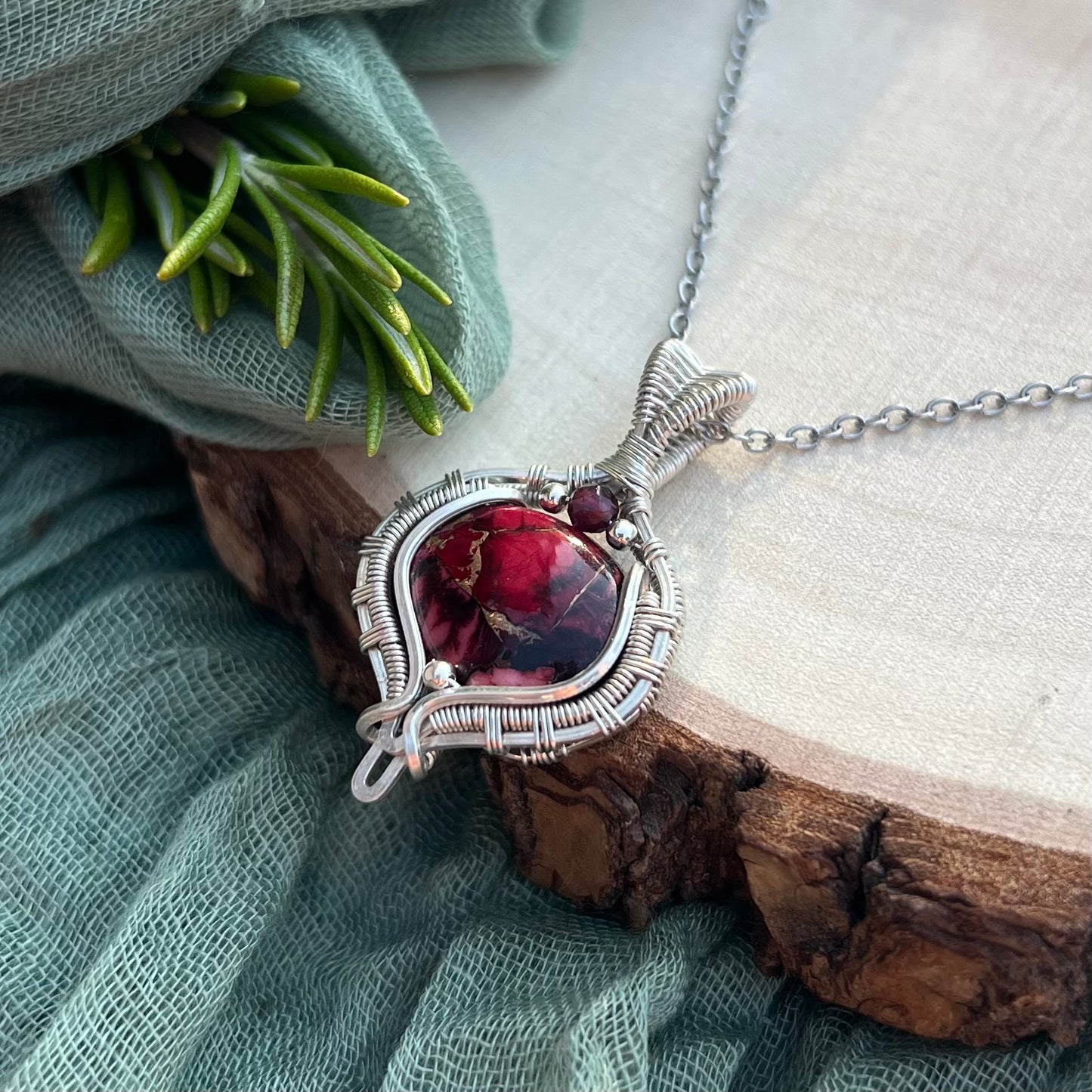 Red Rose Dahlia Turquoise Composite & Garnet Pendant