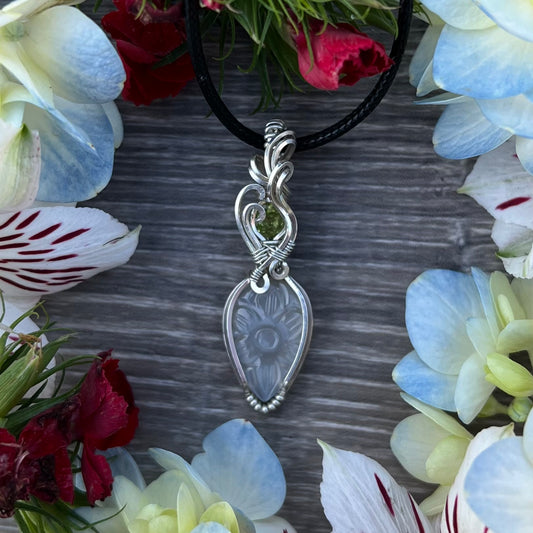 Carved White Moonstone with Peridot Pendant in Argentium Silver