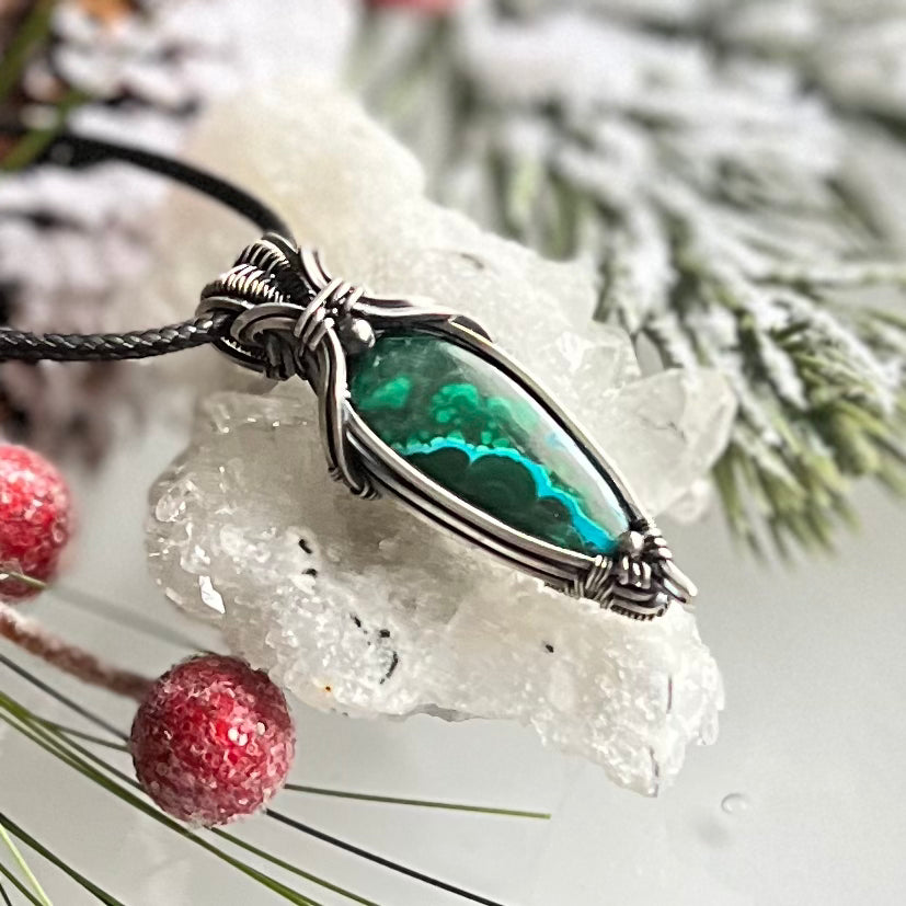 Chrysocolla Malachite Pendant in Oxidized Argentium Silver