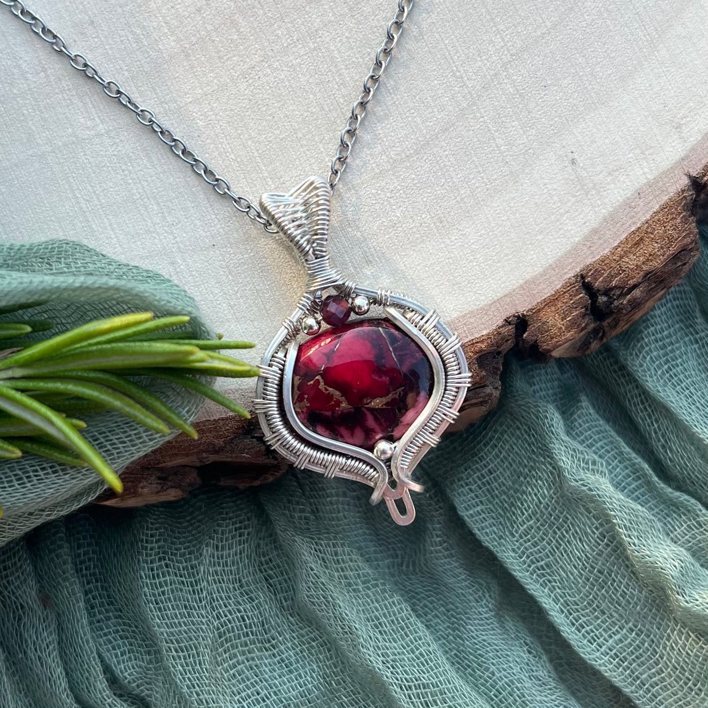 Red Rose Dahlia Turquoise Composite & Garnet Pendant
