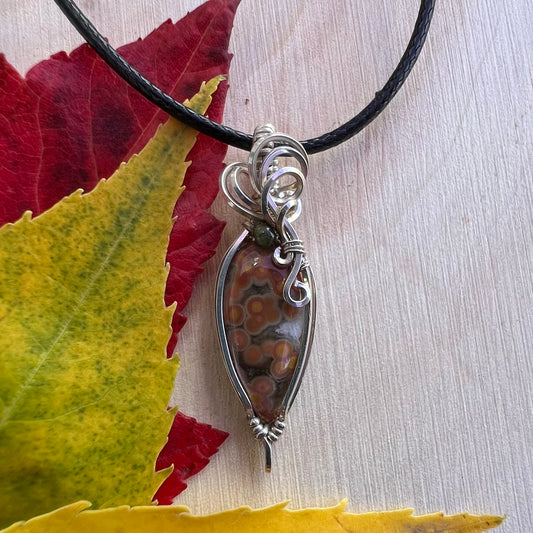 Ocean Jasper with Green Tourmaline Pendant in Argentium Silver