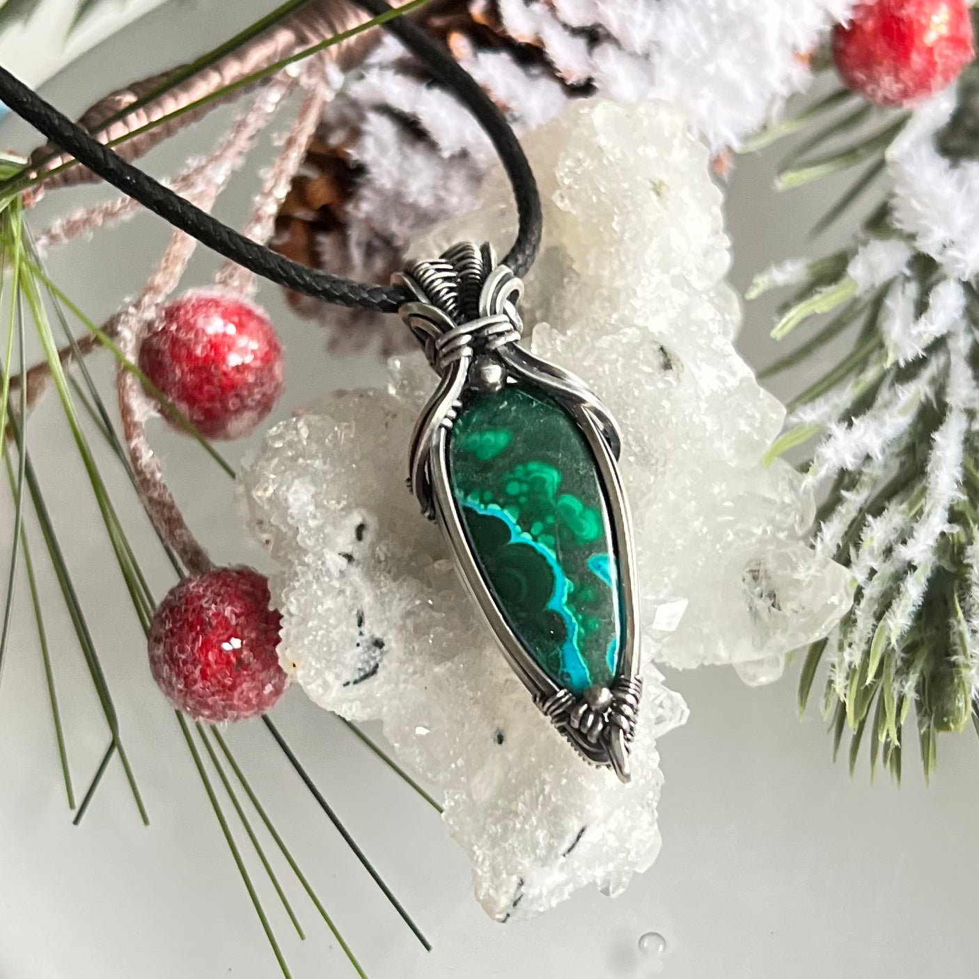 Chrysocolla Malachite Pendant in Oxidized Argentium Silver