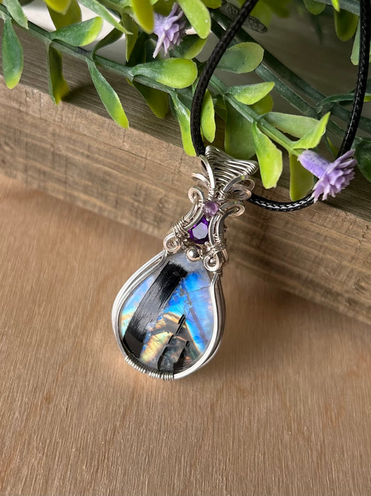 Rainbow Moonstone with  Tourmaline and Amethyst Pendant in Argentium Silver.