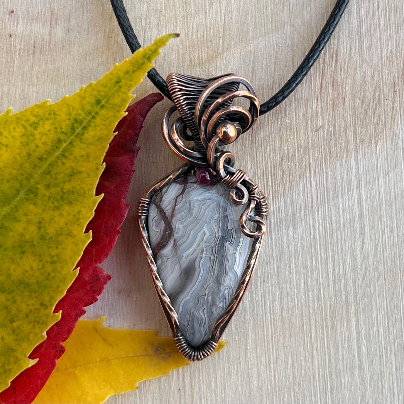 Laguna Lace Agate with Garnet Pendant in Copper