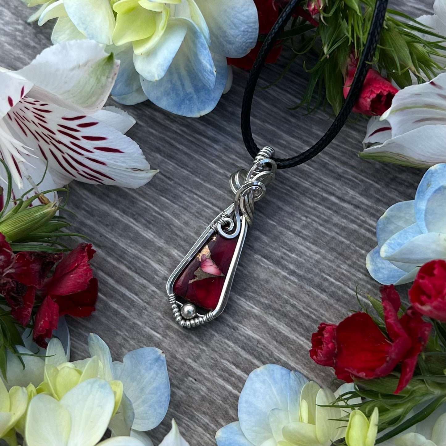 Red Rose Dahlia Pendant in Argentium Silver