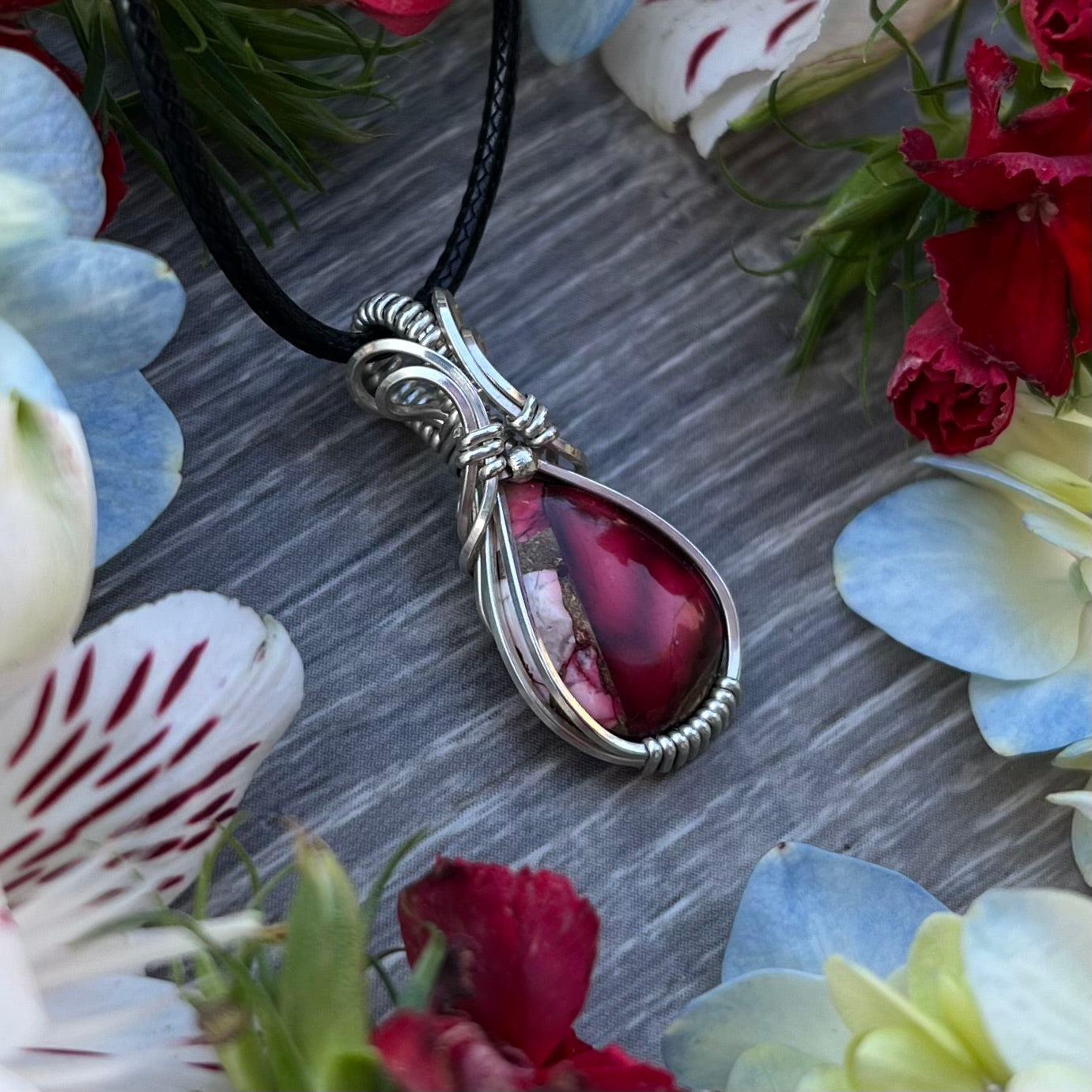 Red Rose Dahlia Pendant in Argentium Silver