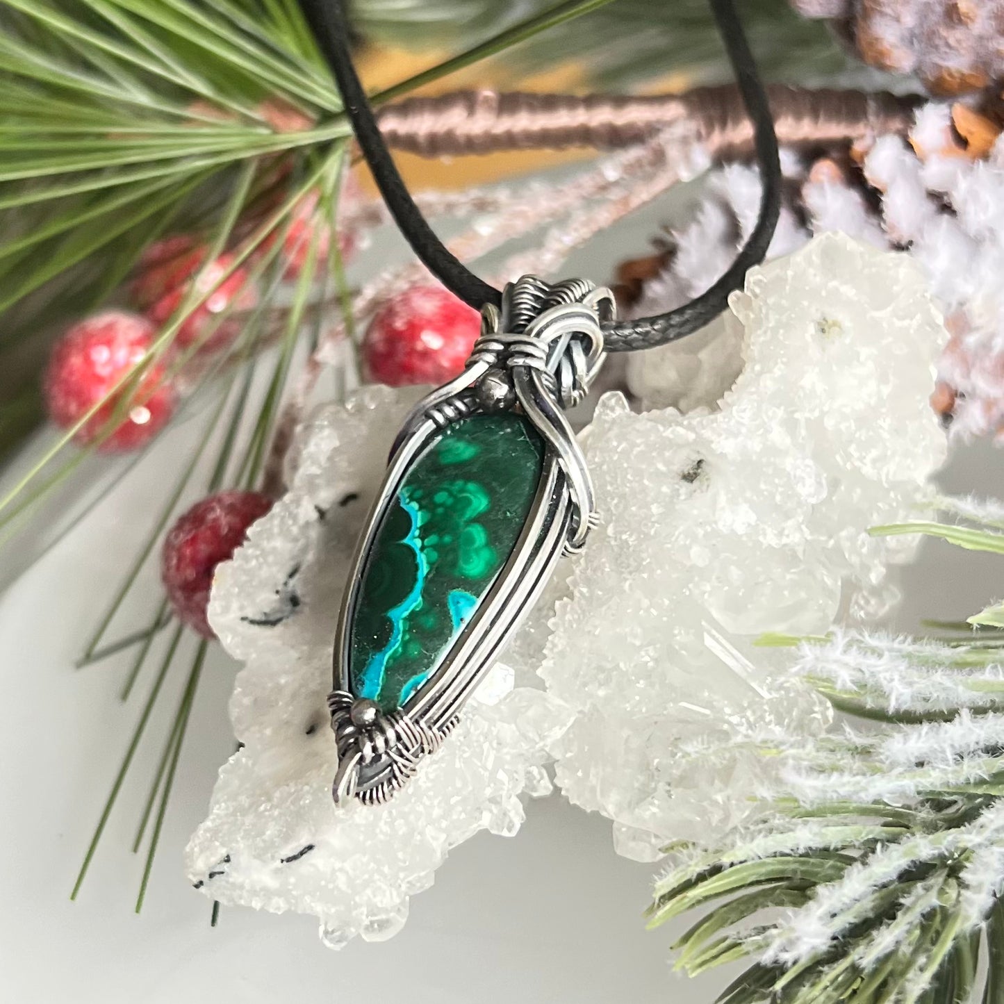 Chrysocolla Malachite Pendant in Oxidized Argentium Silver