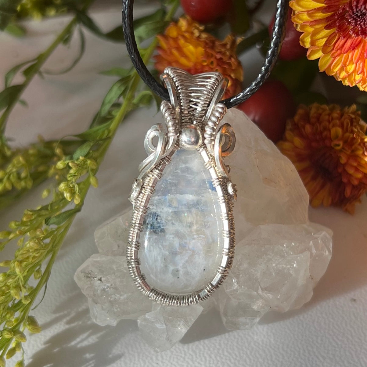 Rainbow Moonstone with Tourmaline Pendant in Argentium Silver hi