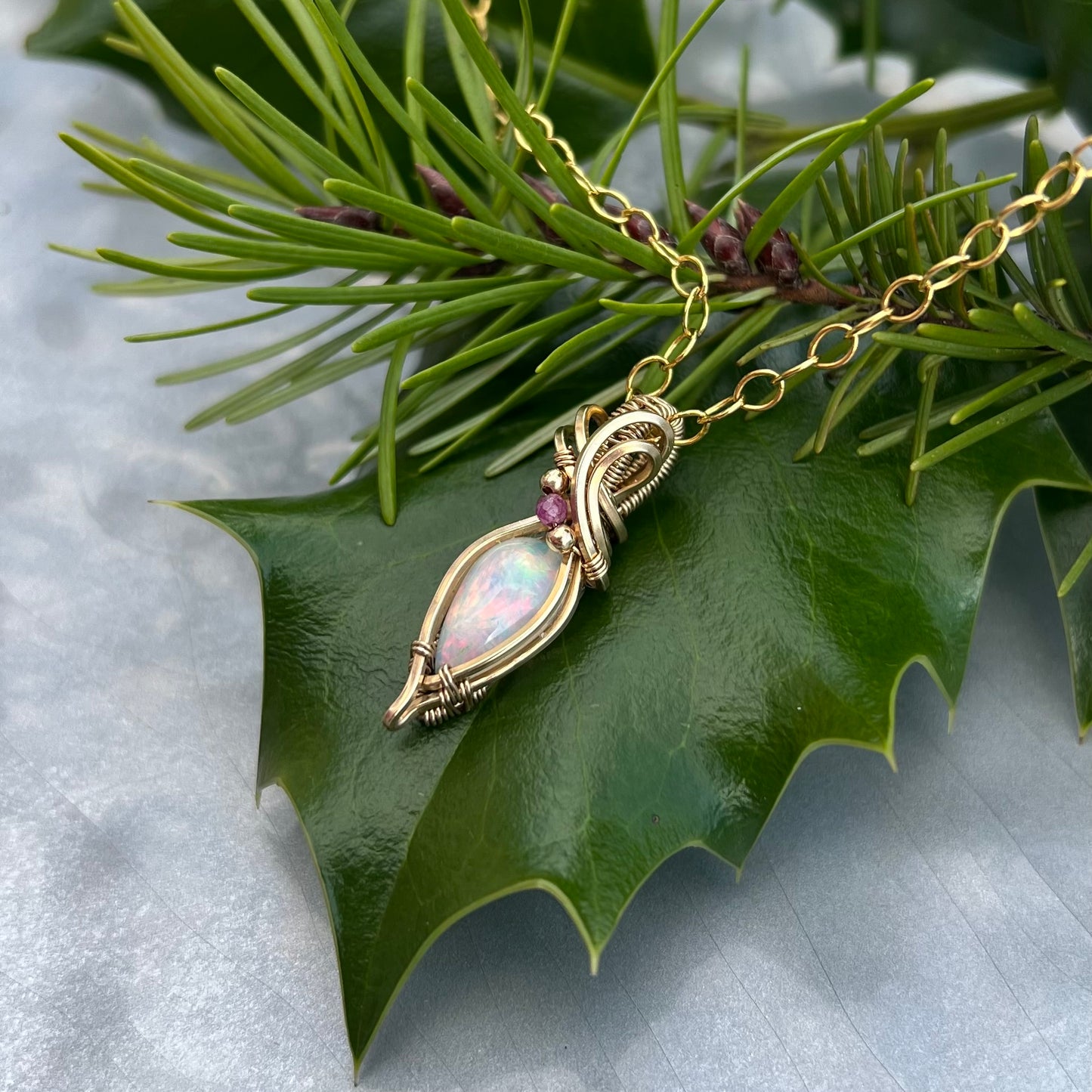 Ethiopian Opal with Ruby in Gold-Filled Wire Pendant