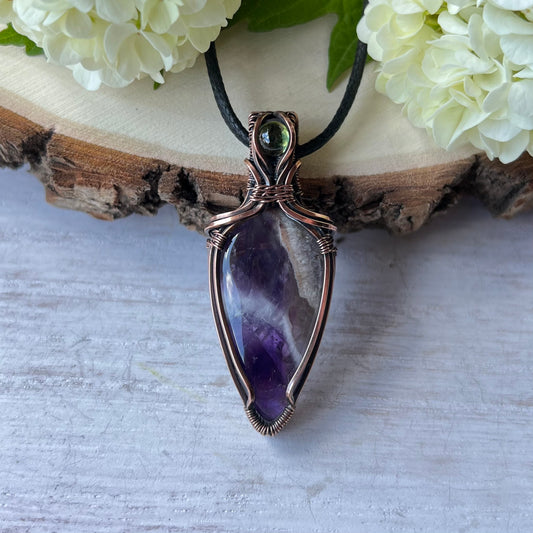 Chevron Amethyst with Peridot in antiqued Copper Wire