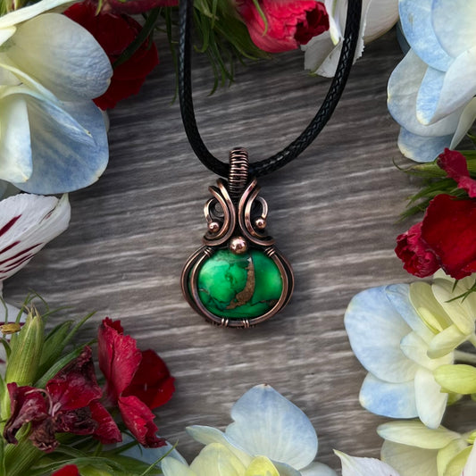 Green Rose Dahlia Pendant in Antiqued Copper